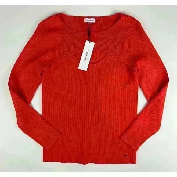 NEW! Calvin Klein Women's Size L Rib-Knit Slashed Round Neck Top NWT $79.50 - Picture 1 of 3